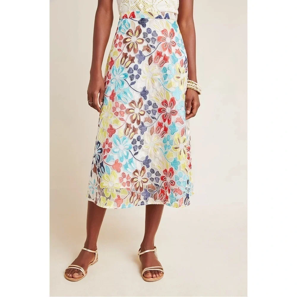 ANTHROPOLOGIE EVA FRANCO Meghan Embroidered Floral Midi Skirt - Picture 3 of 10